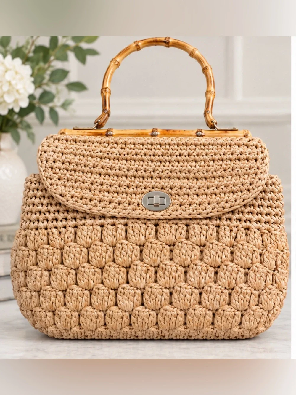 Rare Mid-Century Vintage Japanese Handwoven Straw Bag with Bamboo Handles